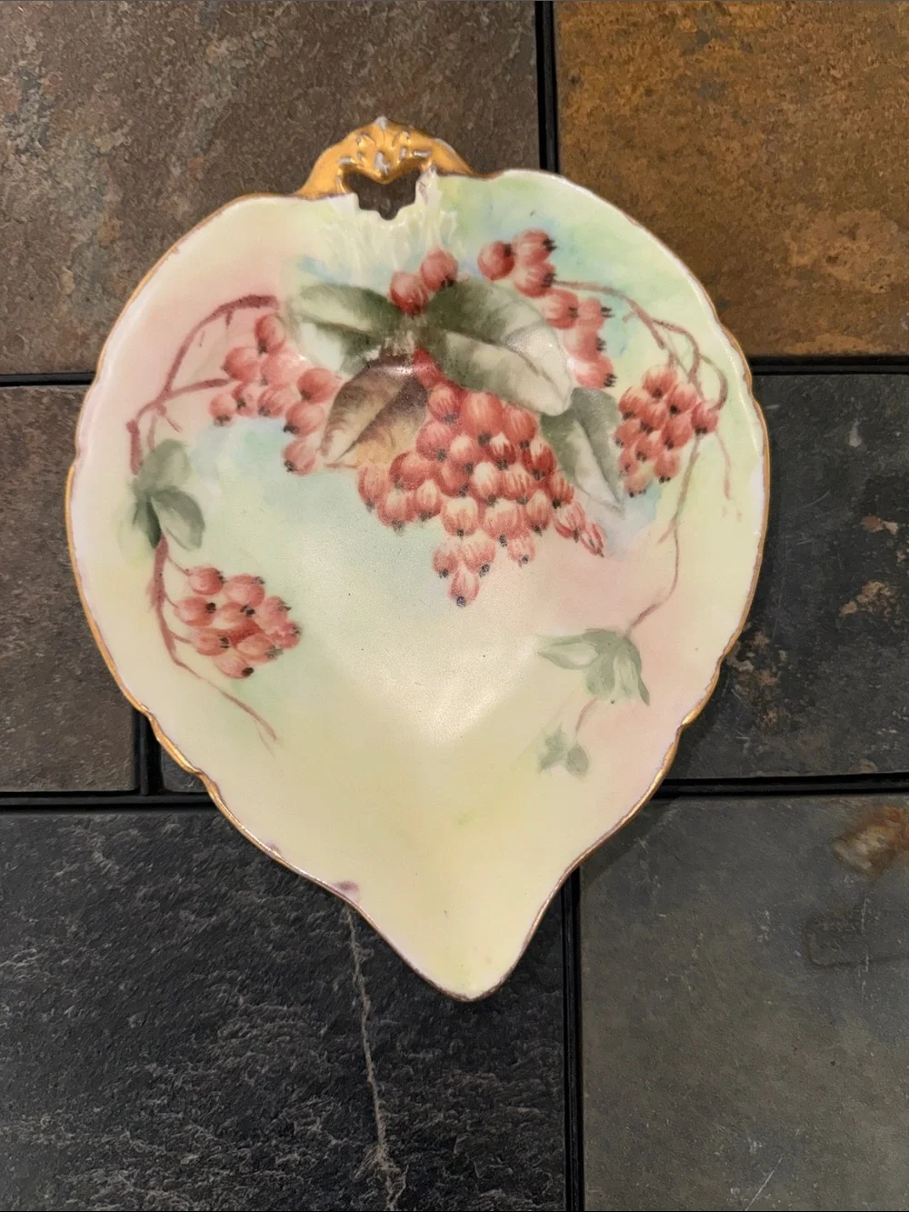 Antique Weimar Germany Porcelain Leaf Trinket Dish Berries Gold Trim Hand Paint